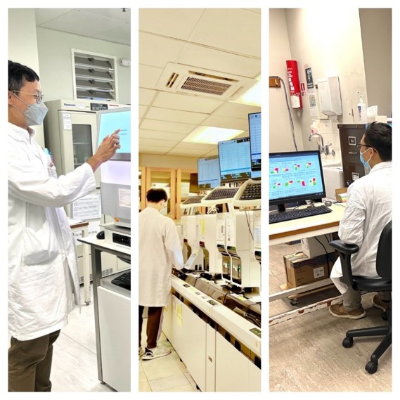 This is Haematology Laboratory in Queen Mary hospital.  As shown in the pictures, our colleagues are placing samples into analyzers for routine complete blood count and molecular studies, and is doing an analysis on a Flow Cytometry case.